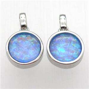 blue Fire Opal circle pendant, synthetic, platinum plated, approx 11mm dia
