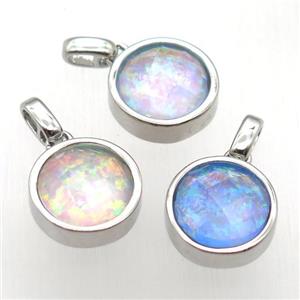 mixed color Fire Opal circle pendant, synthetic, platinum plated, approx 11mm dia