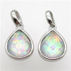 rainbow Fire Opal teardrop pendant, synthetic, platinum plated, approx 9-11mm