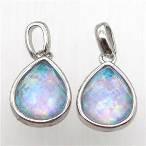 Fire Opal teardrop pendant, synthetic, platinum plated, approx 9-11mm