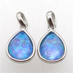 blue Fire Opal teardrop pendant, synthetic, platinum plated, approx 9-11mm