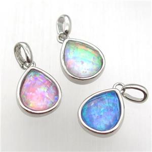 mixed color Fire Opal teardrop pendant, synthetic, platinum plated, approx 9-11mm