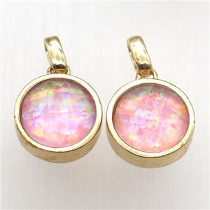 pink Fire Opal circle pendant, synthetic, gold plated, approx 11mm dia