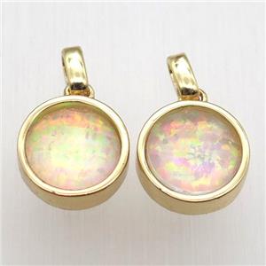 yellow Fire Opal circle pendant, synthetic, gold plated, approx 11mm dia