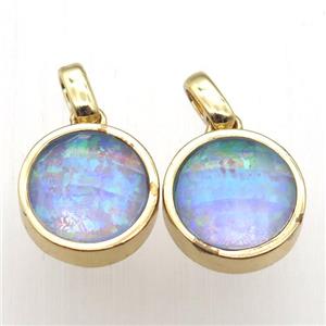 blue Fire Opal circle pendant, synthetic, gold plated, approx 11mm dia