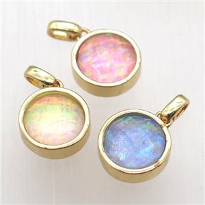 mixed color Fire Opal circle pendant, synthetic, gold plated, approx 11mm dia