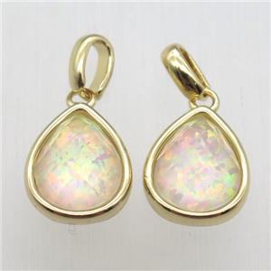 yellow Fire Opal teardrop pendant, synthetic, gold plated, approx 9-11mm