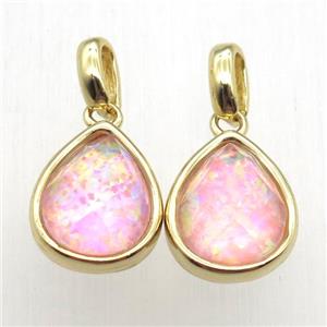 pink Fire Opal teardrop pendant, synthetic, gold plated, approx 9-11mm