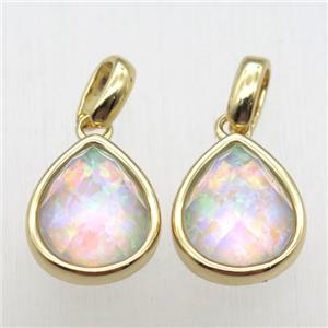 rainbow Fire Opal teardrop pendant, synthetic, gold plated, approx 9-11mm