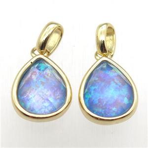blue Fire Opal teardrop pendant, synthetic, gold plated, approx 9-11mm