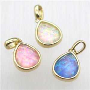 mixed color Fire Opal teardrop pendant, synthetic, gold plated, approx 9-11mm