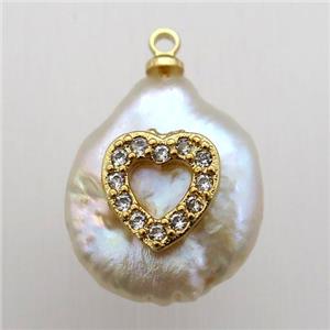 Natural pearl pendant with zircon, heart, approx 10-18mm