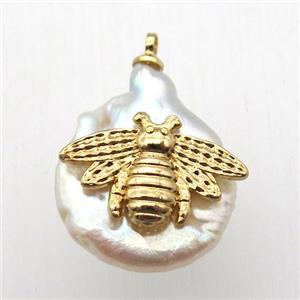 Natural pearl pendant with honeybee, approx 10-18mm