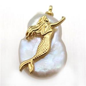Natural pearl pendant with mermaid, approx 10-16mm