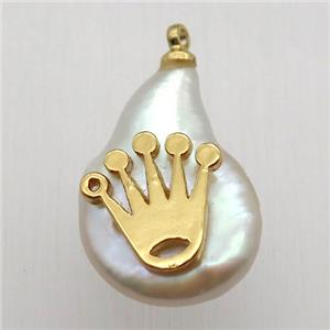 Natural pearl pendant with crown, approx 10-16mm