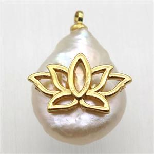 Natural pearl pendant with lotus, approx 10-16mm