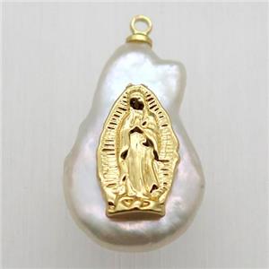 Natural pearl pendant with jesus, approx 10-16mm