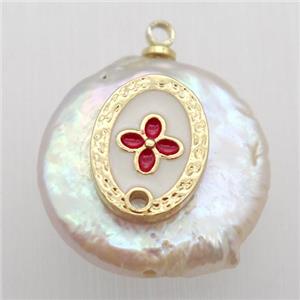 Natural pearl pendant with clover, approx 18mm dia