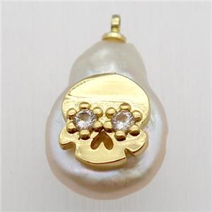 Natural pearl pendant with zircon, skull, approx 10-16mm