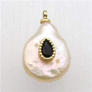 Natural pearl pendant with zircon, teardrop, approx 10-16mm