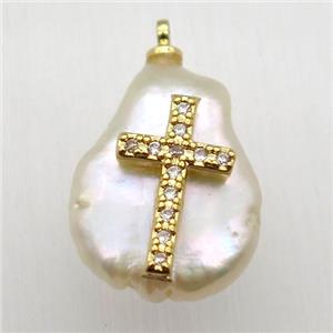 Natural pearl pendant with zircon, cross, approx 10-16mm