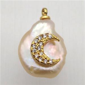 Natural pearl pendant with zircon, moon, approx 10-16mm