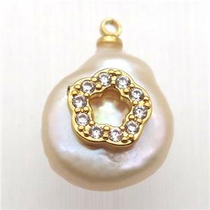 Natural pearl pendant with zircon, flower, approx 10-16mm