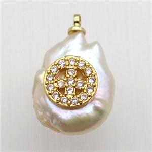 Natural pearl pendant with zircon, peace sign, approx 10-16mm