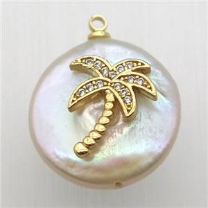 Natural pearl pendant with zircon, coconut tree, approx 18mm dia