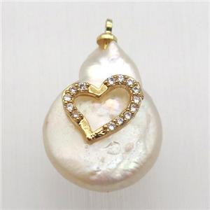 Natural pearl pendant with zircon, heart, approx 10-16mm