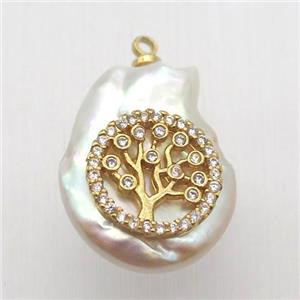 Natural pearl pendant with zircon, tree of life, approx 10-16mm