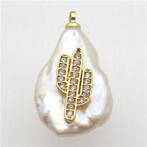 Natural pearl pendant with zircon, cacutus, approx 10-16mm