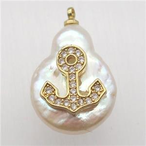 Natural pearl pendant with zircon, anchor, approx 10-16mm