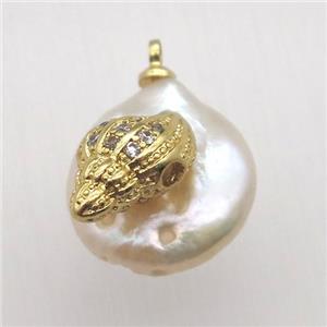 Natural pearl pendant with zircon, conch, approx 10-16mm