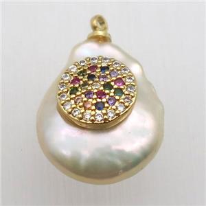 Natural pearl pendant with zircon, approx 10-16mm