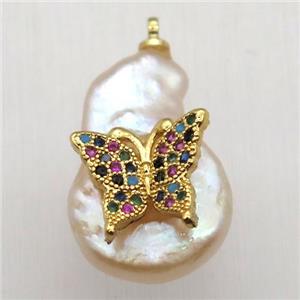 Natural pearl pendant with zircon, butterfly, approx 10-16mm