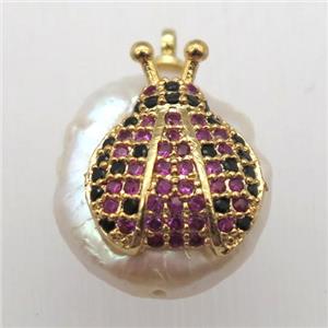 Natural pearl pendant with zircon, honeybee, approx 10-16mm