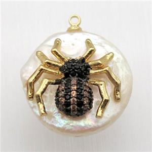Natural pearl pendant with zircon, spider, approx 18mm dia