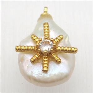 Natural pearl pendant with zircon, approx 18mm dia