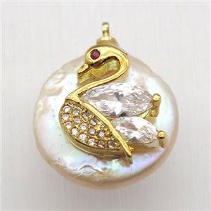 Natural pearl pendant with zircon, swan, approx 18mm dia