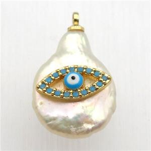 Natural pearl pendant with zircon, evil eye, approx 10-16mm