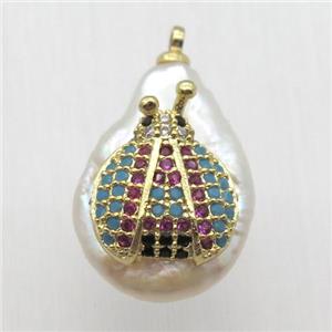 Natural pearl pendant with zircon, beetle, approx 10-16mm