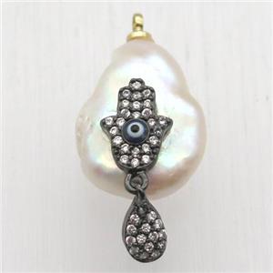 Natural pearl pendant with zircon, hamsahand, approx 10-16mm