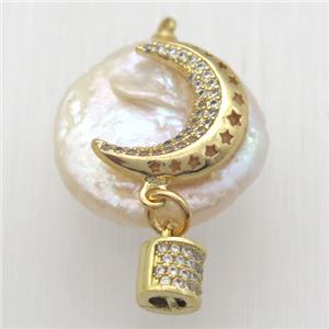 Natural pearl pendant with zircon, moon, approx 10-16mm
