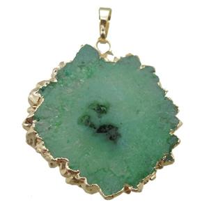 green Solar Quartz Druzy slab pendant, freeform, gold plated, approx 25-40mm