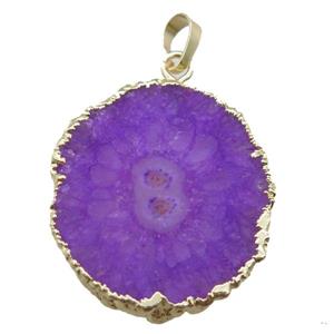 purple Solar Quartz Druzy slab pendant, freeform, gold plated, approx 25-40mm