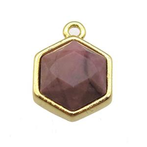 Rhodonite hexagon pendant, gold plated, approx 12mm dia