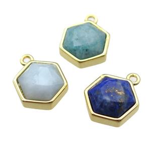 mixed gemstone hexagon pendant, gold plated, approx 12mm dia
