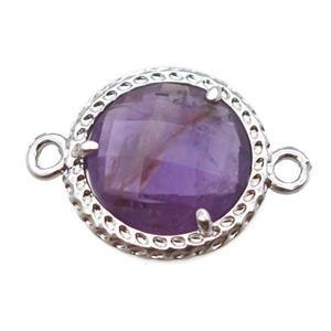 purple Amethyst circle connector, platinum plated, approx 13mm dia