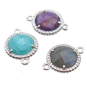 mixed gemstone circle connector, platinum plated, approx 13mm dia